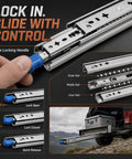 Beefy 72 Inch Heavy Duty Locking Drawer Slides Hold Up To 500 Lb, Side Mount Steel Rails, Industrial Grade, Thick 2.5mm Q235 Cold Rolled Steel, Built Tough For Heavy Storage and Smooth Slides, blue lock handle