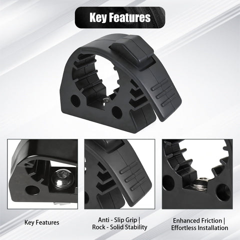 Close-up of Rugged Truck Shovel Holder With Quick Release Rubber Clamp Mount Kit, black clamp with key features highlighted