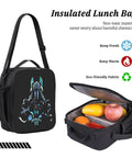 Insulated lunch bag with graphic design, open with fresh fruits inside, showcasing eco-friendly material and compartmental storage.