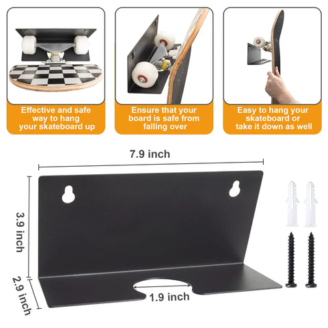 Heavy Duty Steel Skateboard Wall Mount Rack Secures Decks For Garage Storage Rad Display Setup and Shields Boards From Nasty Floor Scuffs While Daily Rolling, showing dimensions and installation details.