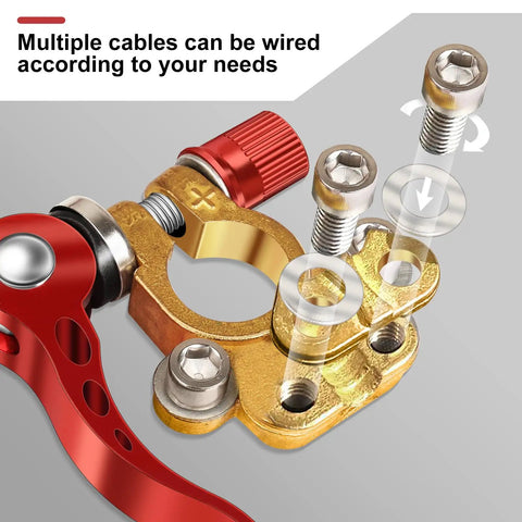 Beefy Pure Copper Battery Terminal Connectors 4 Way Quick Release 1 Pair showing copper construction with red quick-release lever.