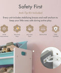 Close-up of safety features on 4 Tier Toy Storage Organizer With 16 Removable Bins For Kids Playroom Durable Engineered Wood Frame