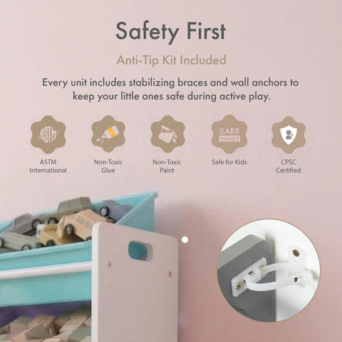 Close-up of safety features on 4 Tier Toy Storage Organizer With 16 Removable Bins For Kids Playroom Durable Engineered Wood Frame