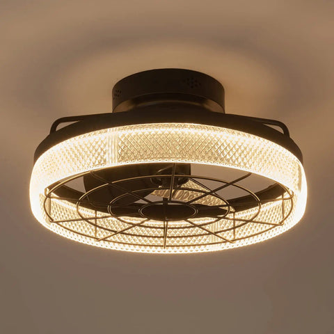Low Profile Ceiling Fan With Lights Black Finish, Space Saving Caged Flush Mount, Dimmable LED With 3 Color Temperature