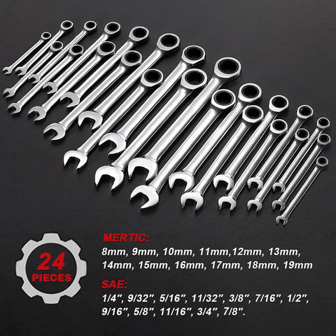 24 Piece Ratchet Wrench Set With Chrome Vanadium Steel Built To Last, 72 Tooth Box End And Open End Wrenches, Metric And SAE Sizes, Organizer Box, Pro Grade Heavy Duty Mechanics Tool Kit For Garage And Home Repairs
