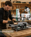 Drop Dead Solid 1500W Belt Grinder Sander 2X72 Variable Speed Floor Machine Packed With Grit Wheels And Flat Platen Tool Rest in use for woodworking.