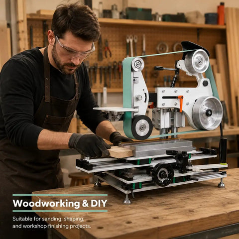 Drop Dead Solid 1500W Belt Grinder Sander 2X72 Variable Speed Floor Machine Packed With Grit Wheels And Flat Platen Tool Rest in use for woodworking.