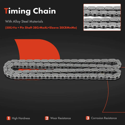 Must-Have Engine Timing Chain Kit With Tensioner For Hyundai And Kia 1.6L DOHC Vehicles shown with alloy steel materials