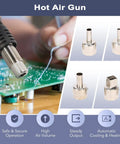 Close-up of a hot air gun tip working on a circuit board, with nozzle attachments for the All In One Soldering And Hot Air Rework Station 750W.
