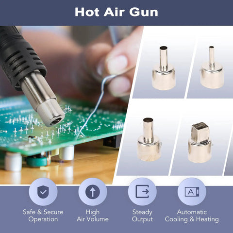 Close-up of a hot air gun tip working on a circuit board, with nozzle attachments for the All In One Soldering And Hot Air Rework Station 750W.