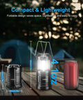 Portable LED Camping Lantern 2-Pack With Battery Operated Lights Adjustable Brightness displayed on outdoor table with size comparison