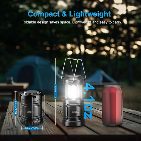 Portable LED Camping Lantern 2-Pack With Battery Operated Lights Adjustable Brightness displayed on outdoor table with size comparison