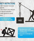 Instructions for using Heavy Duty Rope Hoist Kit With 4000 Lb Breaking Strength, 65 Ft Poly Rope, showing safety tips and lifting techniques.