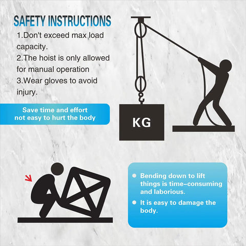 Instructions for using Heavy Duty Rope Hoist Kit With 4000 Lb Breaking Strength, 65 Ft Poly Rope, showing safety tips and lifting techniques.