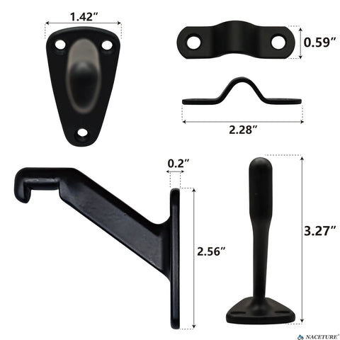 Heavy Duty Black Hand Rail Brackets Six Piece Set For Indoor Stairs And Outdoor Use Durable Three Inch Banister Support Hardware dimensions shown.