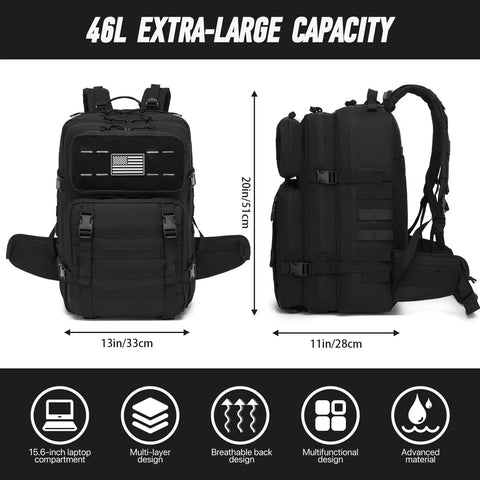 Front and side views of Built Tough Tactical Backpack For Men 46L Water Resistant Military Pack With MOLLE System in black, with measurements.