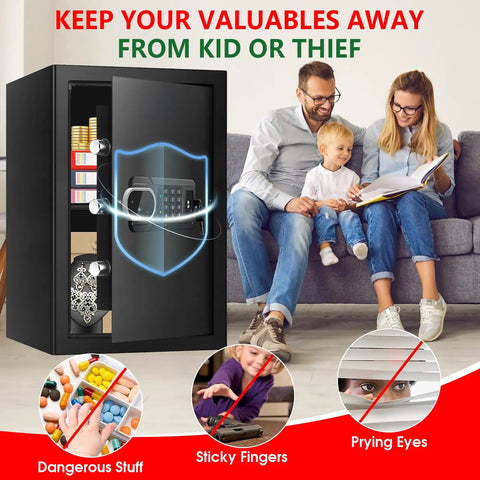 Beefy 3.4 Cu Ft Water And Fireproof Home Safe With Digital Keypad And Back Up Key Dual Anti Pry Locking System, open view.