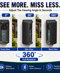 No Sweat Anti Theft Security Cage For Modern Battery Doorbells showcasing 360° swivel from front, side, and back views.