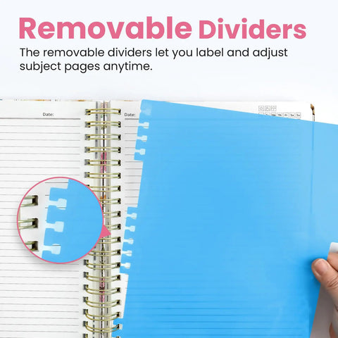 Five Subject Spiral Notebook With Removable Dividers And Tabs, 8.5 By 11 Hardcover Journal showing blue divider being inserted