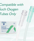ANSNF oxygen tubing swivel connector, 360° rotation, 10-pack; white box with ANSNF logo and clear tubing adapters
