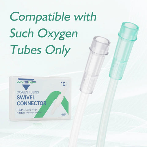 ANSNF oxygen tubing swivel connector, 360° rotation, 10-pack; white box with ANSNF logo and clear tubing adapters