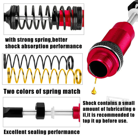 Beefed Up Big Bore RC Shocks Absorbers For 1/10 Kraton 4x4 4S V2 BLX And Outcast in red and black components