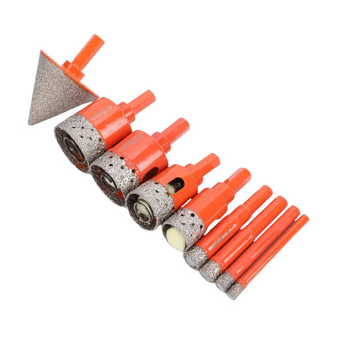 Awesome Versatile Eight Piece Hole Saw Kit For Tile And Granite With Chamfering Drill Bit Perfect For Ceramic Marble Glass Masonry Bricks Plus Precise Big 50 Millimeter Hole Opener Tool Set, 8-piece set