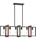 Farmhouse Rustic 6 Light Lantern Cage Chandelier Hand Painted Natural Walnut Wood With Black Finish for kitchen or dining room