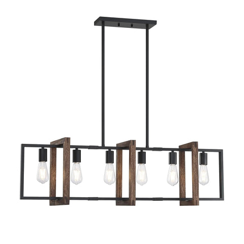 Farmhouse Rustic 6 Light Lantern Cage Chandelier Hand Painted Natural Walnut Wood With Black Finish for kitchen or dining room