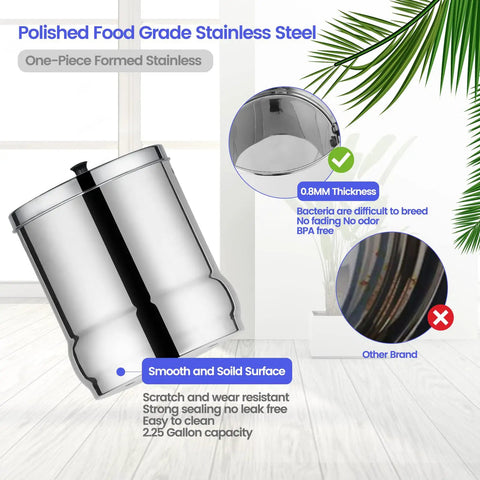 2.25 Gallon Stainless Steel Gravity Fed Water Filter System With NSF ANSI 42 And 372 Certification, focusing on polished finish