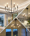 Six Light Black Farmhouse Industrial Metal Chandelier With Classic Candle Pendant Style in dining, living, kitchen spaces