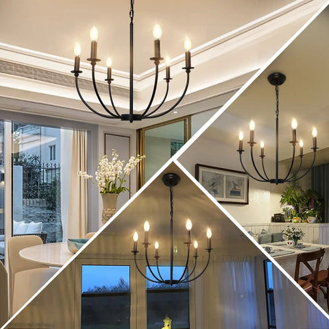 Six Light Black Farmhouse Industrial Metal Chandelier With Classic Candle Pendant Style in dining, living, kitchen spaces