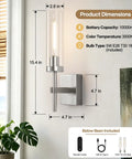 Wireless Wall Sconces with Remote Control, 10000mAh Battery Operated Wall Sconce Set of 2, Brushed Nickel, 15.4 in tall.