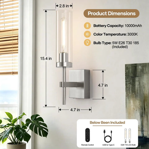 Wireless Wall Sconces with Remote Control, 10000mAh Battery Operated Wall Sconce Set of 2, Brushed Nickel, 15.4 in tall.