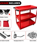 Three Tier Rolling Tool Cart With Side Hooks On Wheels Heavy Duty Metal Utility Cart With 330 Lbs Capacity, assembly parts shown