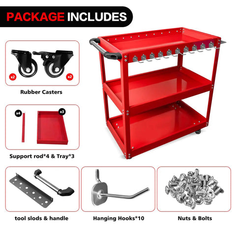 Three Tier Rolling Tool Cart With Side Hooks On Wheels Heavy Duty Metal Utility Cart With 330 Lbs Capacity, assembly parts shown