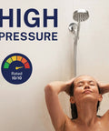 Woman using Solid Metal Handheld Shower Head With Hose And Brass Holder, Brushed Nickel Finish, 2.5 GPM High Pressure, Adjustable Wand