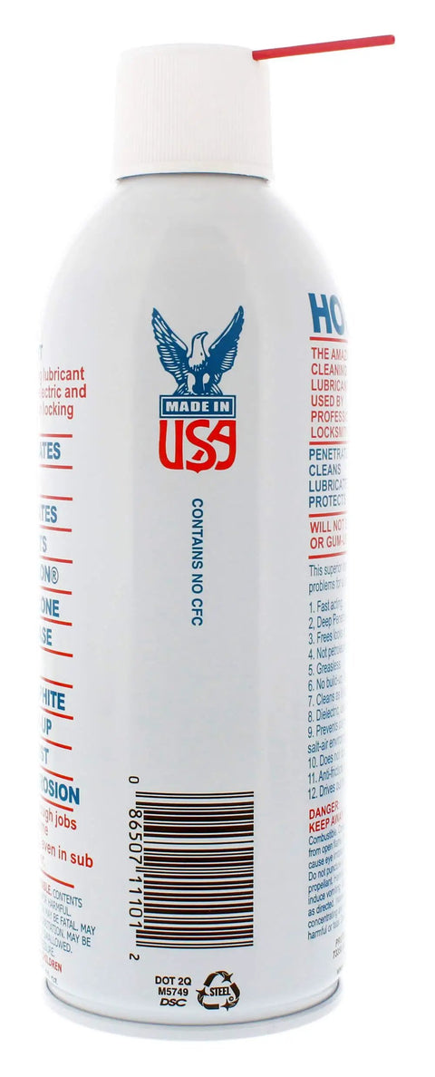 Side view of Pro Grade Lock Lube Spray 11 oz can, featuring label details and red nozzle. Made in USA, greaseless, graphite-free formula.