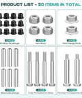 EZGO TXT Rear Leaf Spring Bushings Kit For 1994 And Up Gas And Electric Golf Carts With Sleeves Screws And Nuts Replace OEM 1015583 70289G0 Durable Rear Suspension Upgrade showing components list including 12 rubber bushings, 6 sleeve bushings, 4 fully threaded hex bolts, and 2 partially threaded hex bolts.