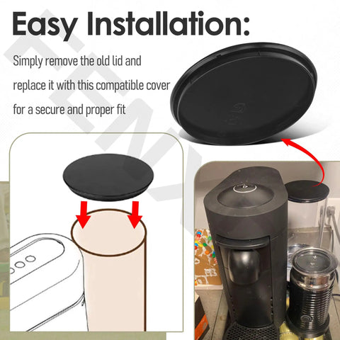 Water Tank Lid Cover Replacement For Vertuo Plus Coffee Machines And Aeroccino Series Including XN900810 XN900T10 And XN902T10 Models With Easy Snap Fit And Durable Build For Everyday Brewing, shown in black plastic with installation diagram and coffee machine in background.