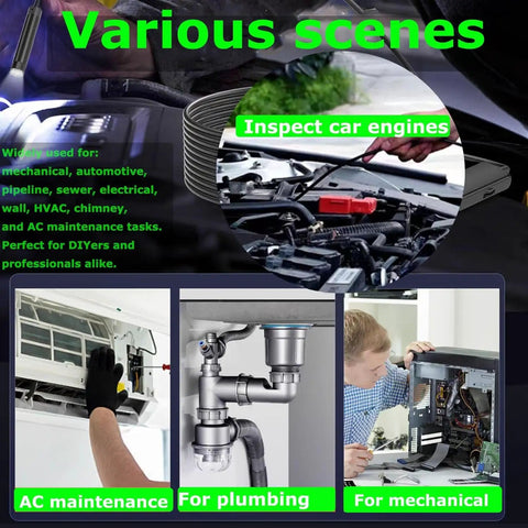 Image showing usage scenarios of HD 1920P Endoscope Camera With Light And 9 Adjustable LEDs 33ft SemiRigid Dual Lens Borescope.