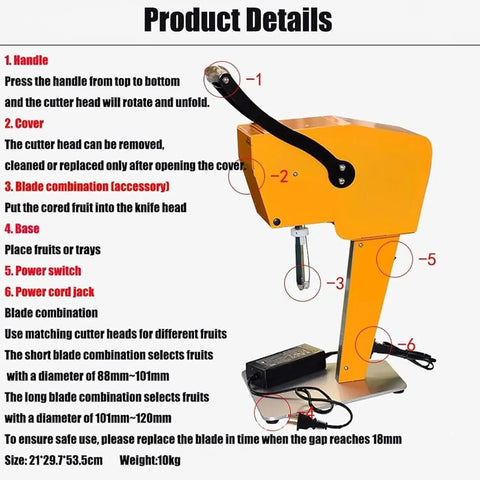 Heavy Duty Manual Commercial Electric Juicer Press With Corer And Double Blades For Large Fruits with detailed features label.