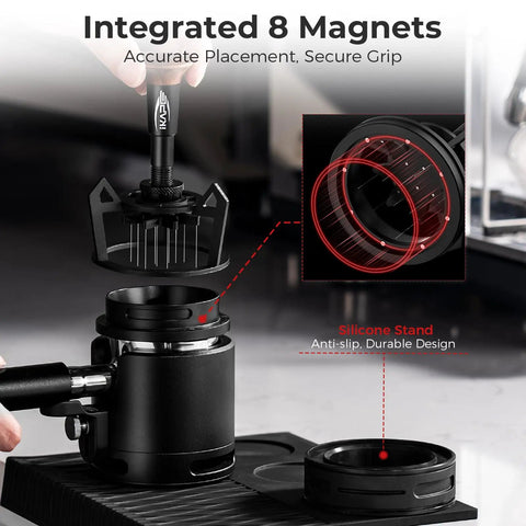 Level Up Your Daily Grind With This Legit Espresso Wdt Tool, Packed With A Flexible 54Mm Stirrer, Adjustable Ten Needle Distributor, Smart Dosing Funnel, Sturdy Stand, And Pro Barista Finish For Smooth Extractions, showcasing integrated 8 magnets and silicone stand.