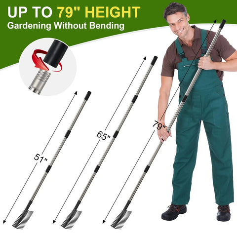 Heavy Duty Bow Rake 79 Inch Garden Rake With Wide 17 Tine Head And Stainless Steel Handle, Adjustable Rake for Gardening Height