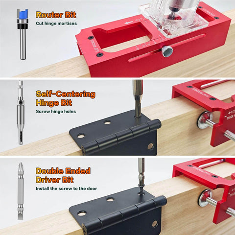 Pro Grade Heavy Duty Aluminum Door Hinge Router Jig With Scale Adjustable Mortise Template Kit in use with router bits