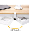 Mesh Desk Organizer With Clamp-On Swivel Pencil Drawer Hidden Under Desk Storage Space Saver shown clamped to desk with 360° rotation feature.