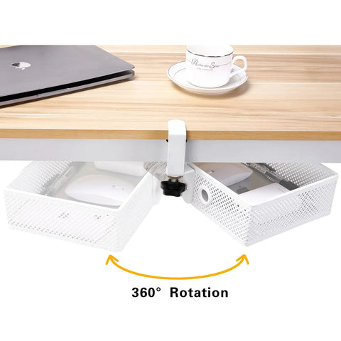 Mesh Desk Organizer With Clamp-On Swivel Pencil Drawer Hidden Under Desk Storage Space Saver shown clamped to desk with 360° rotation feature.