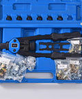 Pro Rivet Nut Tool Kit 13 Inch Set with 11 Metric and SAE Mandrels in blue carrying case with assorted rivnuts for metalworking.