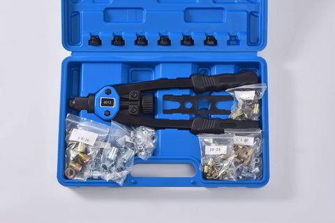 Pro Rivet Nut Tool Kit 13 Inch Set with 11 Metric and SAE Mandrels in blue carrying case with assorted rivnuts for metalworking.
