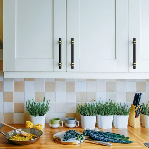 Kitchen with 10 Pack 5 Inch Matte Black And Gold Kitchen Cabinet Handles on cupboard doors, 128mm spacing, durable matte black and gold finish.
